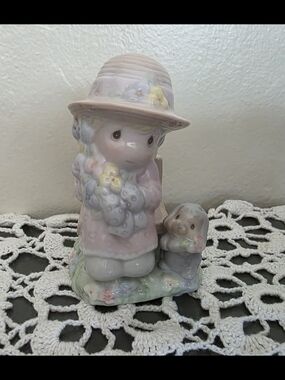 Enesco Pastel Pink and Cream Ceramic Girl Figurine with Bunny